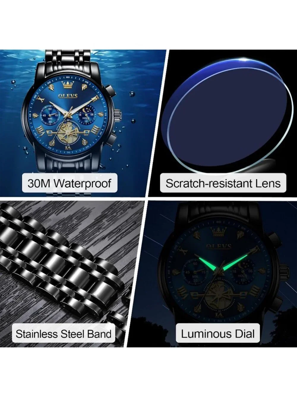 Men's Blue / Black Stainless Steel Chronograph Waterproof Quartz Dress Watch_4
